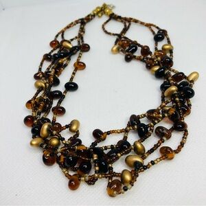 Amber Black Gold Colored Glass Seed & Teardrop Beads  Multi-Strand Necklace